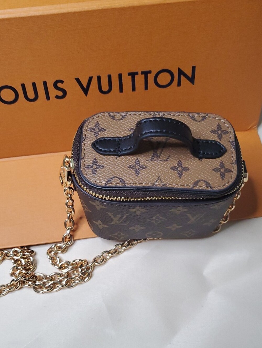 Monogram Mini Vanity Crossbody in Brown with Gold Chain - Picture 6 of 13